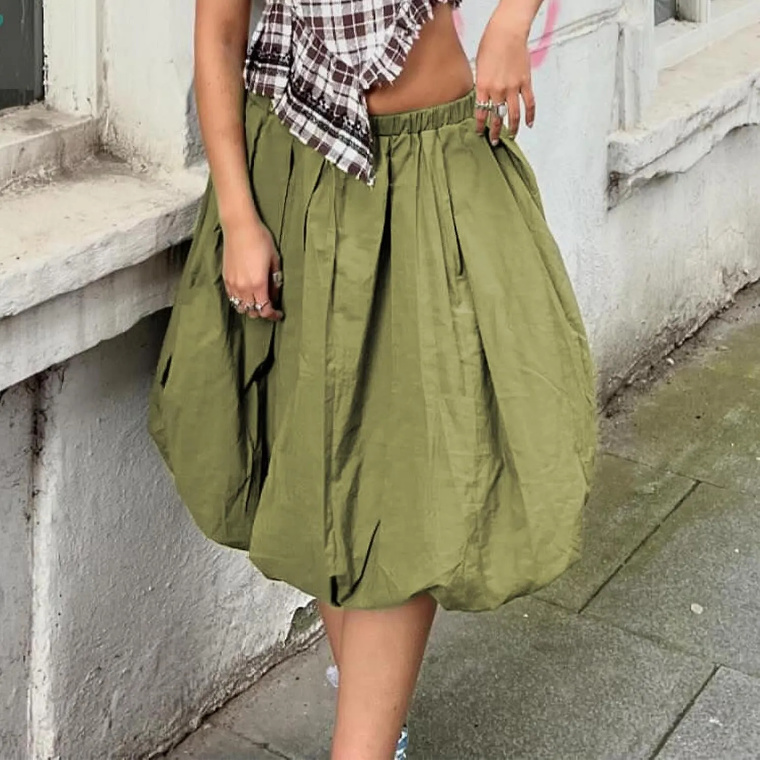 DSORVICD Women Y2k Bubble Skirt Cute Elastic High Waist A-line Maxi Skirt Retro Pleated Ruffle Midi Skirt Summer Streetwear