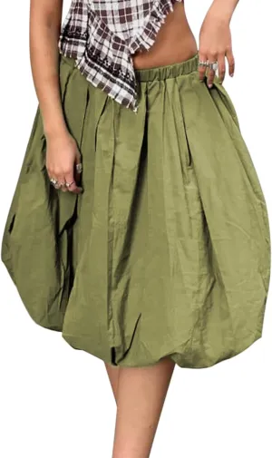 DSORVICD Women Y2k Bubble Skirt Cute Elastic High Waist A-line Maxi Skirt Retro Pleated Ruffle Midi Skirt Summer Streetwear