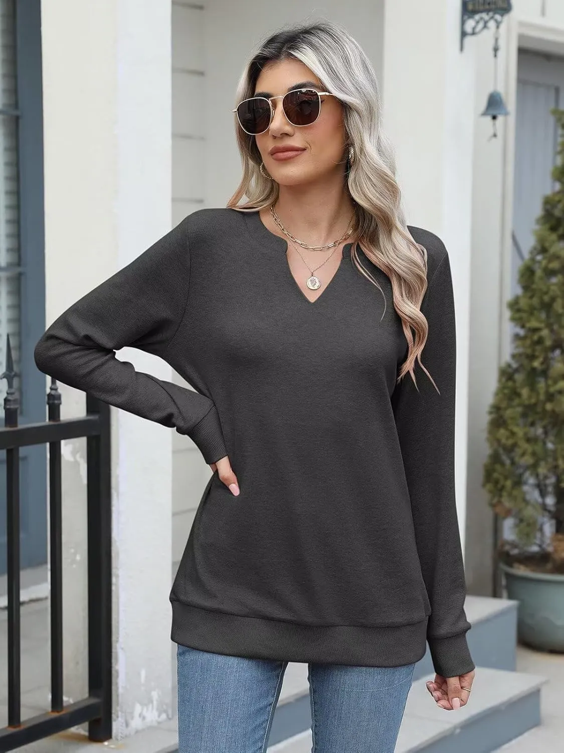 EADINVE Womens Casual Long Sleeve V Neck Sweatshirts Cute Loose Fit Lightweight Pullover Fall Clothes Tunic Tops
