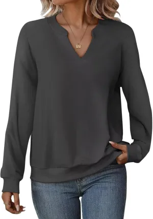 EADINVE Womens Casual Long Sleeve V Neck Sweatshirts Cute Loose Fit Lightweight Pullover Fall Clothes Tunic Tops