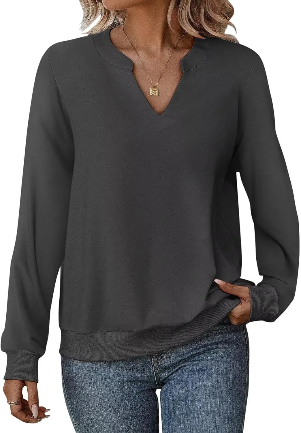 EADINVE Womens Casual Long Sleeve V Neck Sweatshirts Cute Loose Fit Lightweight Pullover Fall Clothes Tunic Tops