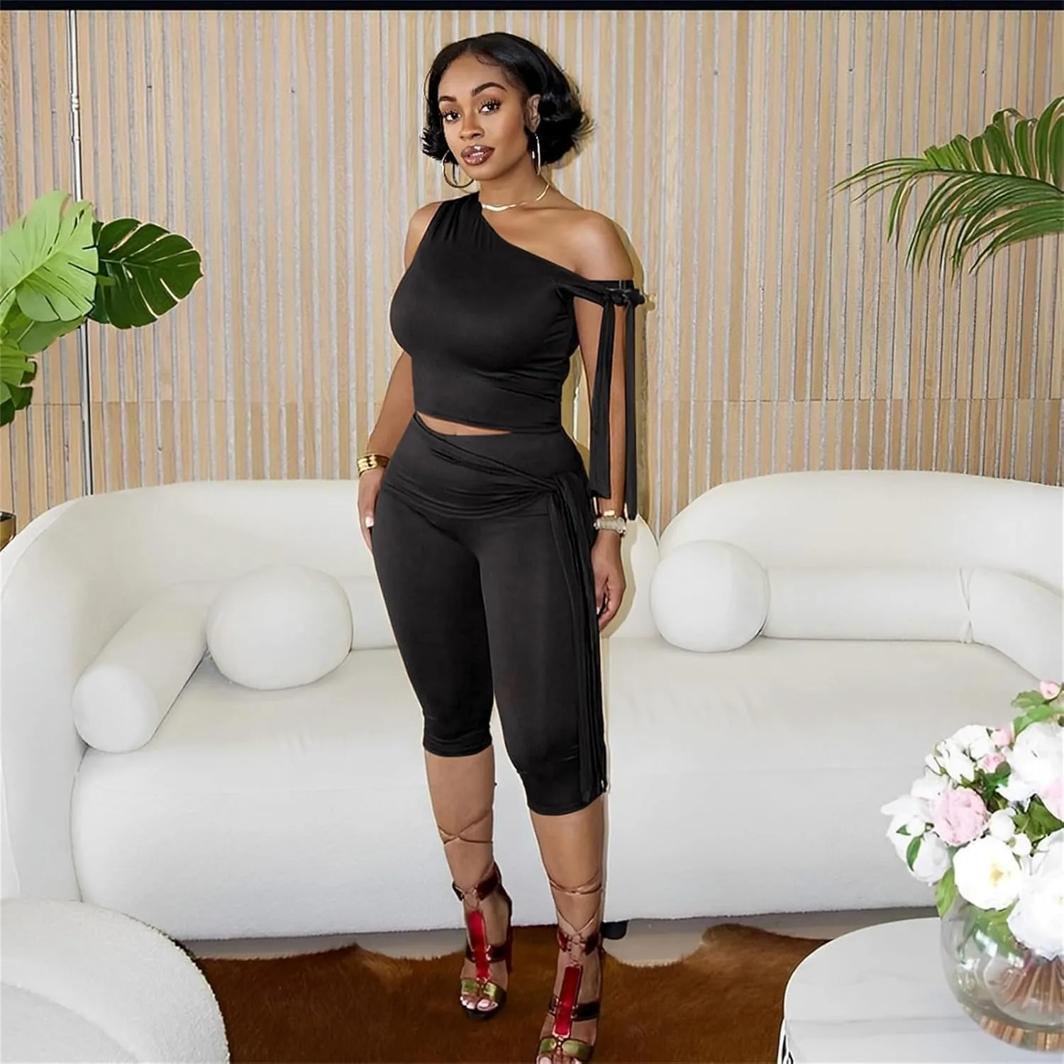 Elainone Capri Sets Women 2 Piece Outfits Sexy One Shoulder Sleeveless Crop Tops Bodycon Pant Sets
