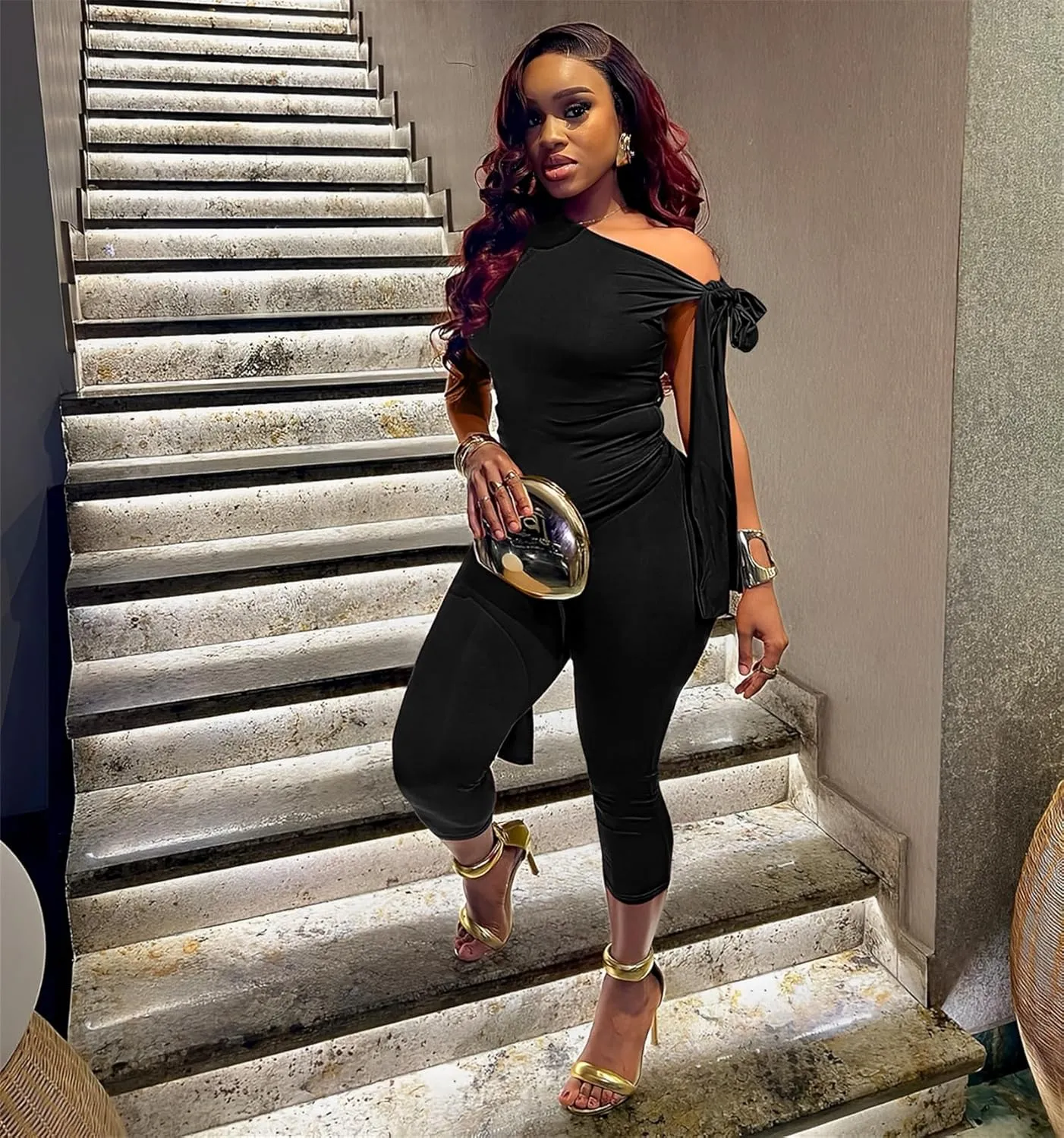 Elainone Capri Sets Women 2 Piece Outfits Sexy One Shoulder Sleeveless Crop Tops Bodycon Pant Sets