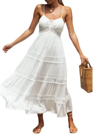 Faretumiya Womens Summer Flowy Tiered Long Dress Sleeveless Casual Spaghetti Strap Sundress Y2k Swing Boho Beach Maxi Dress