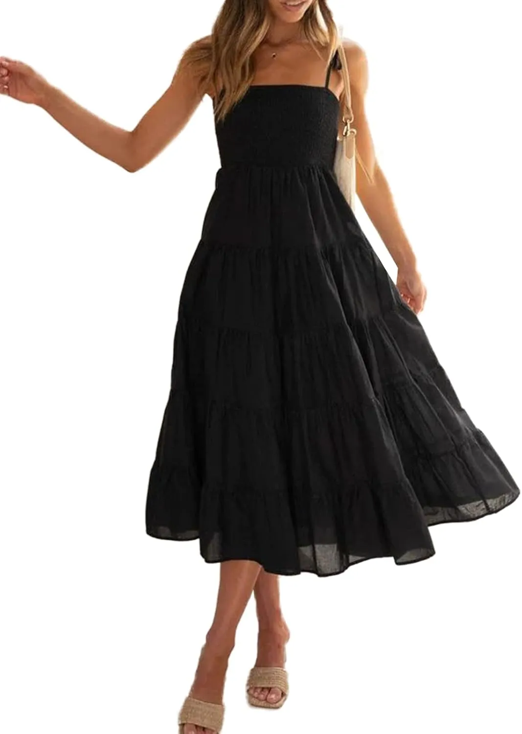 Faretumiya Womens Summer Flowy Tiered Long Dress Sleeveless Casual Spaghetti Strap Sundress Y2k Swing Boho Beach Maxi Dress