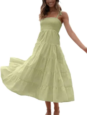 Faretumiya Womens Summer Flowy Tiered Long Dress Sleeveless Casual Spaghetti Strap Sundress Y2k Swing Boho Beach Maxi Dress