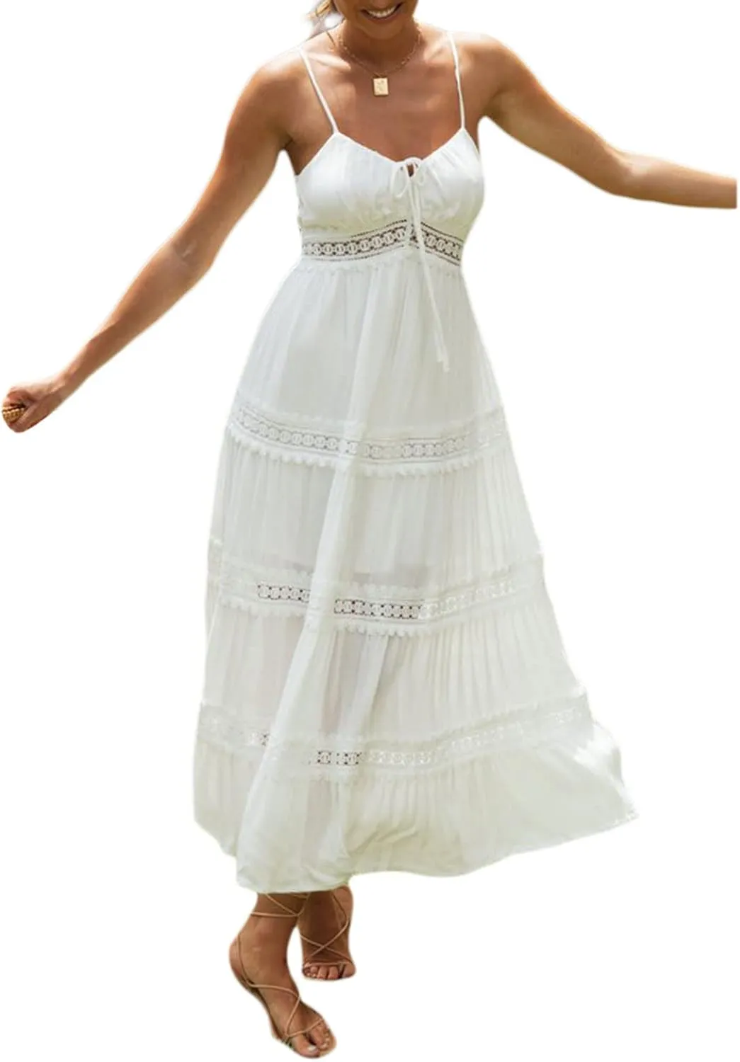Faretumiya Womens Summer Flowy Tiered Long Dress Sleeveless Casual Spaghetti Strap Sundress Y2k Swing Boho Beach Maxi Dress