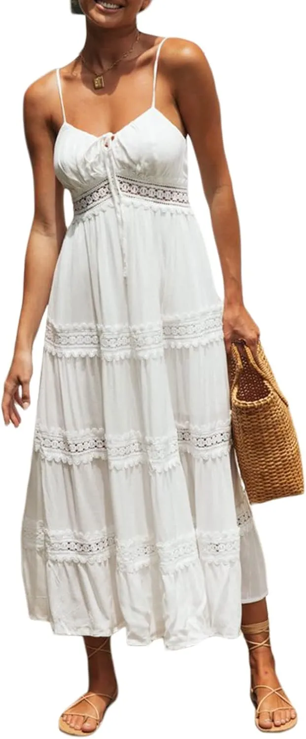 Faretumiya Womens Summer Flowy Tiered Long Dress Sleeveless Casual Spaghetti Strap Sundress Y2k Swing Boho Beach Maxi Dress