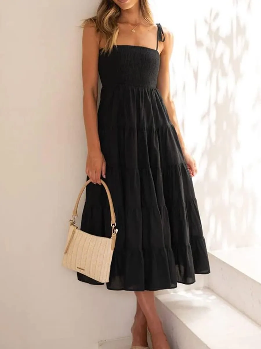 Faretumiya Womens Summer Flowy Tiered Long Dress Sleeveless Casual Spaghetti Strap Sundress Y2k Swing Boho Beach Maxi Dress