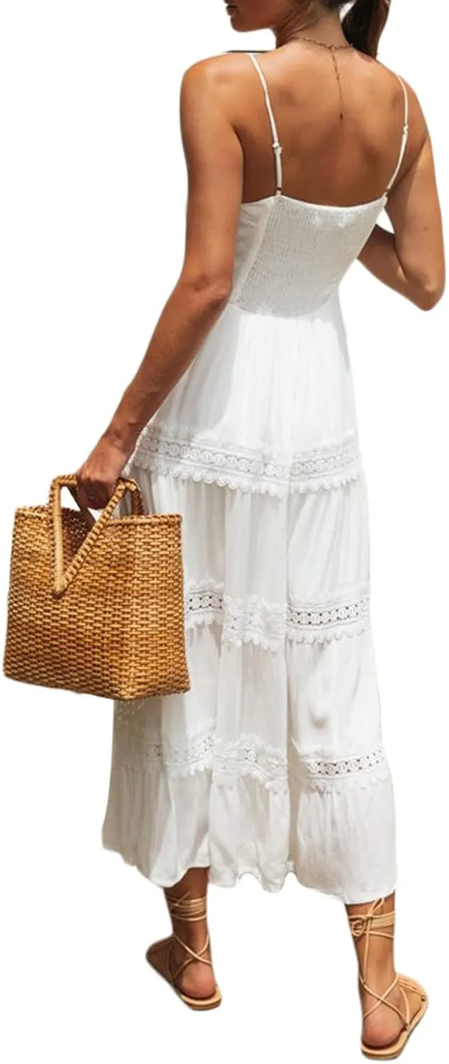 Faretumiya Womens Summer Flowy Tiered Long Dress Sleeveless Casual Spaghetti Strap Sundress Y2k Swing Boho Beach Maxi Dress