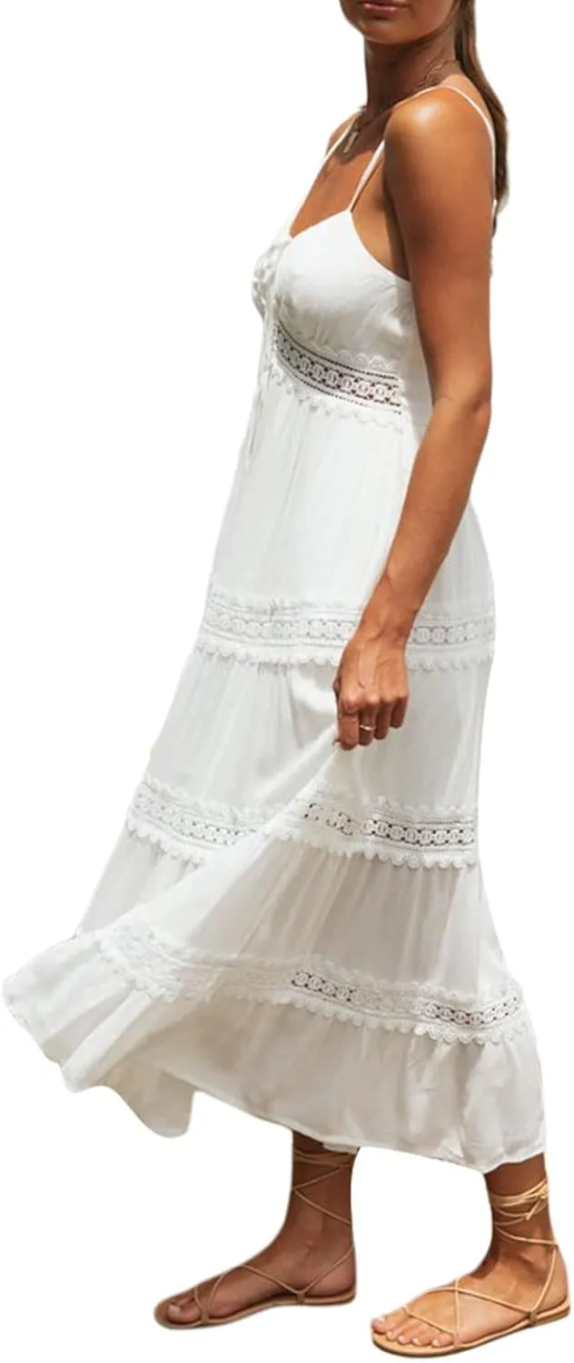 Faretumiya Womens Summer Flowy Tiered Long Dress Sleeveless Casual Spaghetti Strap Sundress Y2k Swing Boho Beach Maxi Dress