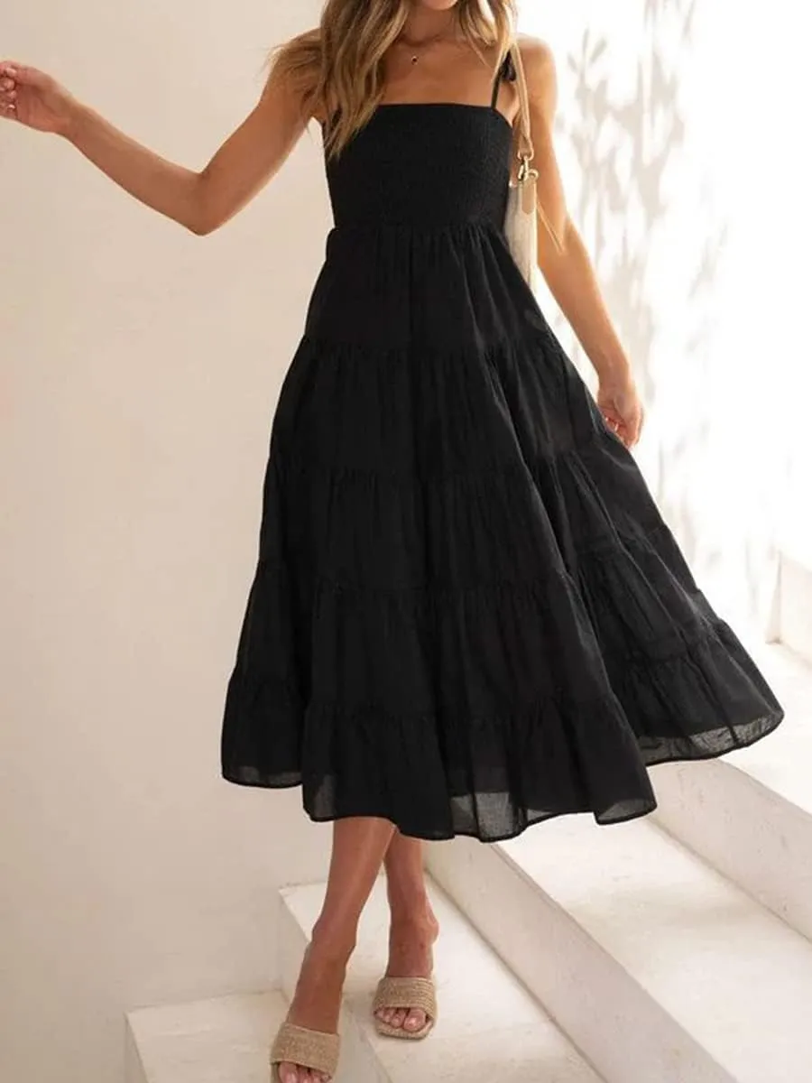 Faretumiya Womens Summer Flowy Tiered Long Dress Sleeveless Casual Spaghetti Strap Sundress Y2k Swing Boho Beach Maxi Dress
