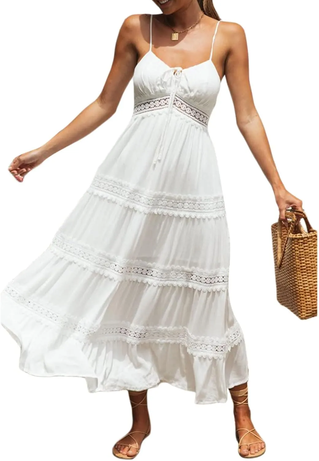 Faretumiya Womens Summer Flowy Tiered Long Dress Sleeveless Casual Spaghetti Strap Sundress Y2k Swing Boho Beach Maxi Dress