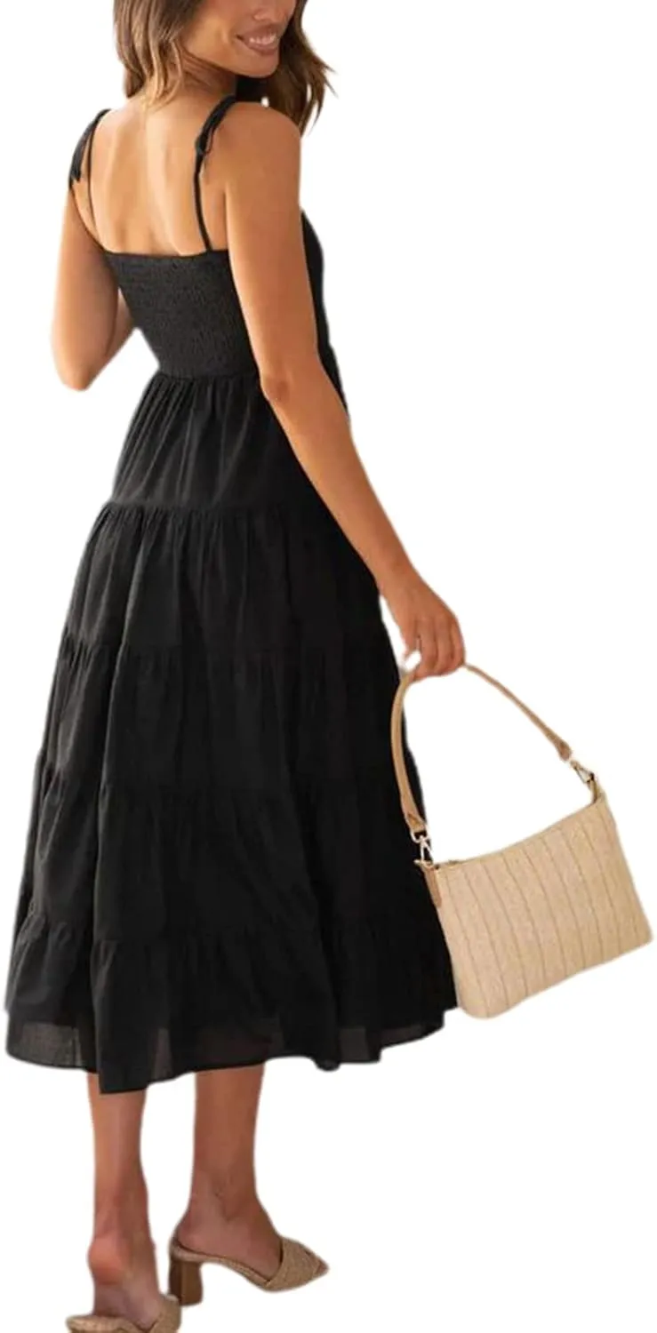 Faretumiya Womens Summer Flowy Tiered Long Dress Sleeveless Casual Spaghetti Strap Sundress Y2k Swing Boho Beach Maxi Dress