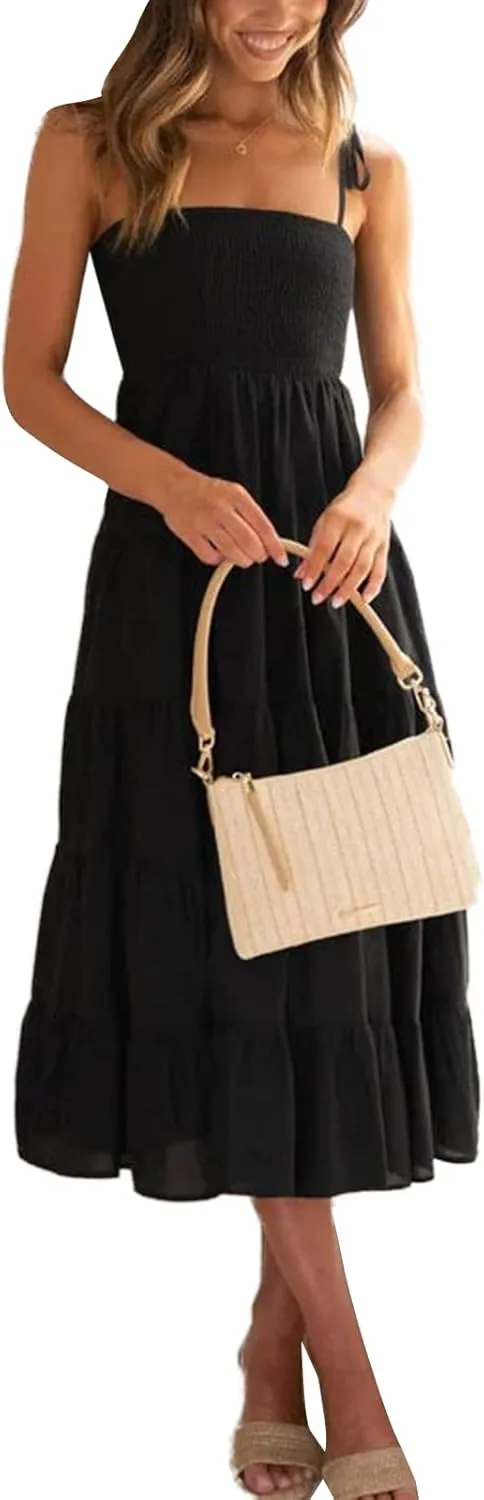 Faretumiya Womens Summer Flowy Tiered Long Dress Sleeveless Casual Spaghetti Strap Sundress Y2k Swing Boho Beach Maxi Dress