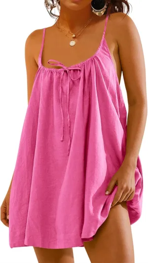 Fisoew Womens Spaghetti Strap Swimsuit Coverup Summer Linen Tie Backless Sleeveless Beach Cami Mini Dress with Pockets