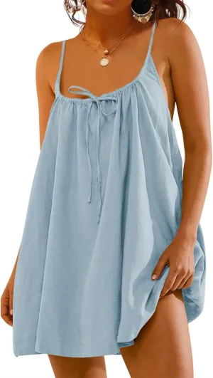 Fisoew Womens Spaghetti Strap Swimsuit Coverup Summer Linen Tie Backless Sleeveless Beach Cami Mini Dress with Pockets