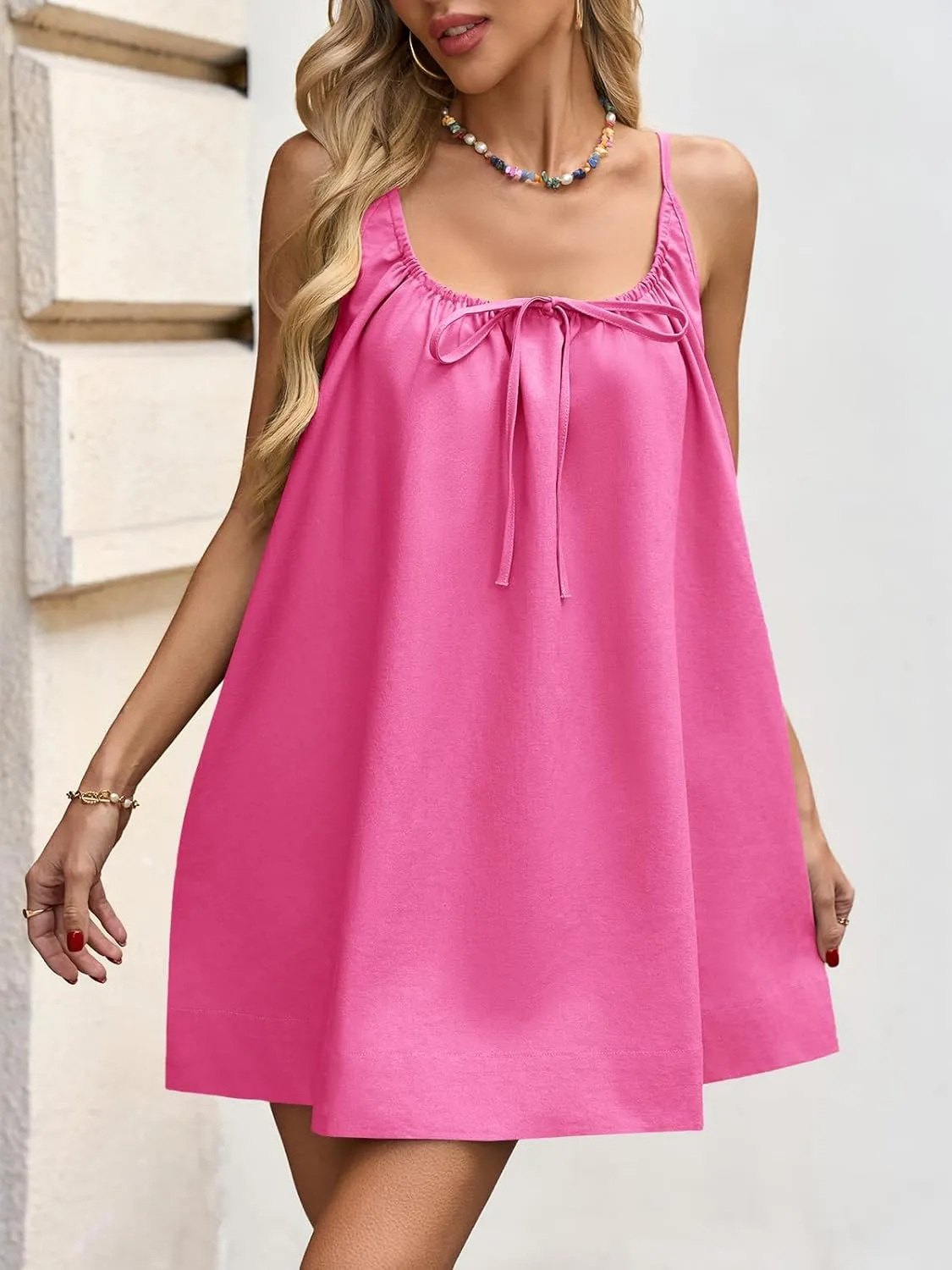 Fisoew Womens Spaghetti Strap Swimsuit Coverup Summer Linen Tie Backless Sleeveless Beach Cami Mini Dress with Pockets
