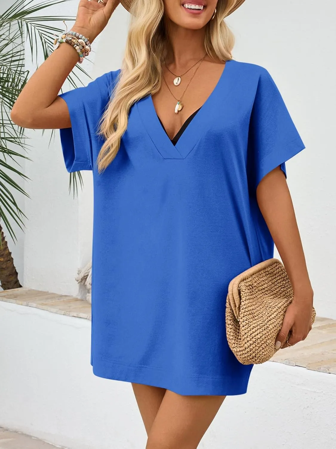 Fisoew Womens Swimsuit Coverup Beach Sexy Deep V Neck Short Sleeve Mini Tshirt Dress Summer Bathing Suit Cover Up
