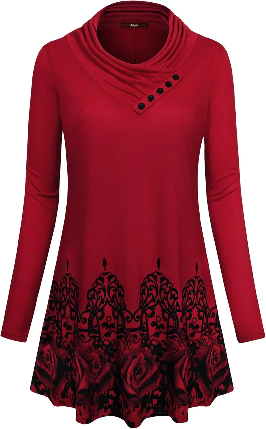 Gaharu Women's Long Sleeve Button Cowl Neck Floral Printed Casual Tunic Tops