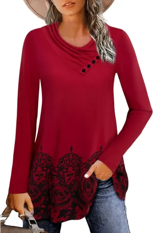 Gaharu Women's Long Sleeve Button Cowl Neck Floral Printed Casual Tunic Tops