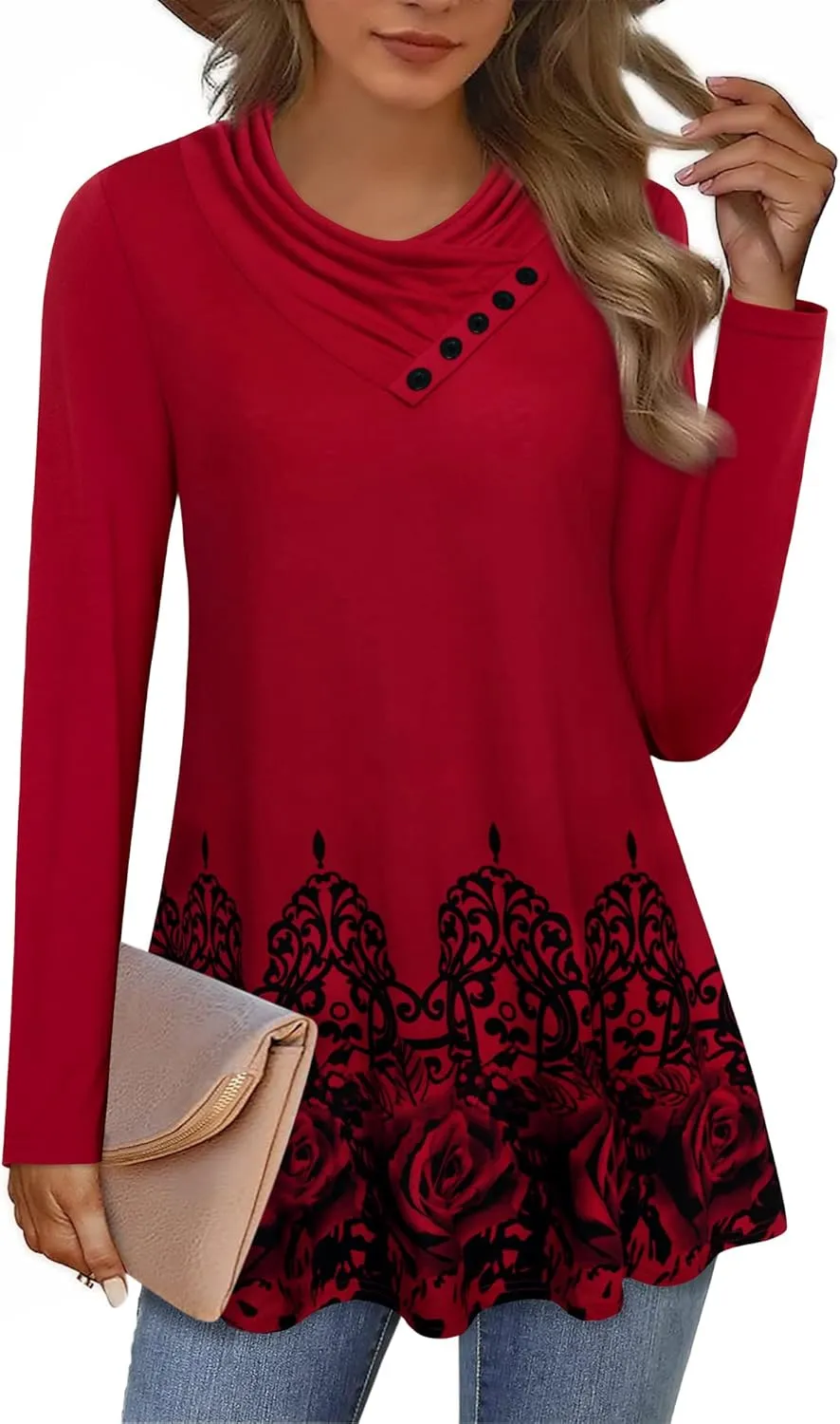 Gaharu Women's Long Sleeve Button Cowl Neck Floral Printed Casual Tunic Tops