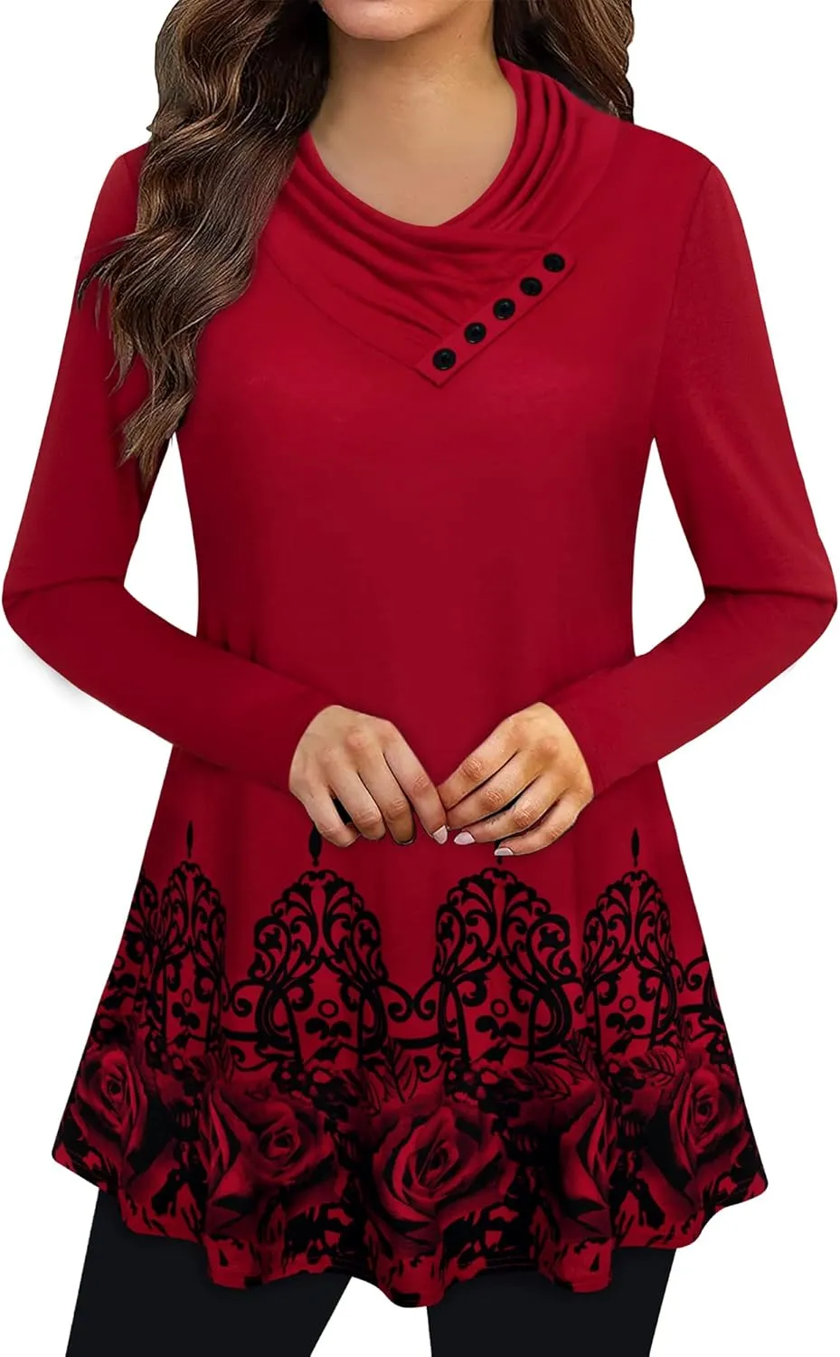 Gaharu Women's Long Sleeve Button Cowl Neck Floral Printed Casual Tunic Tops