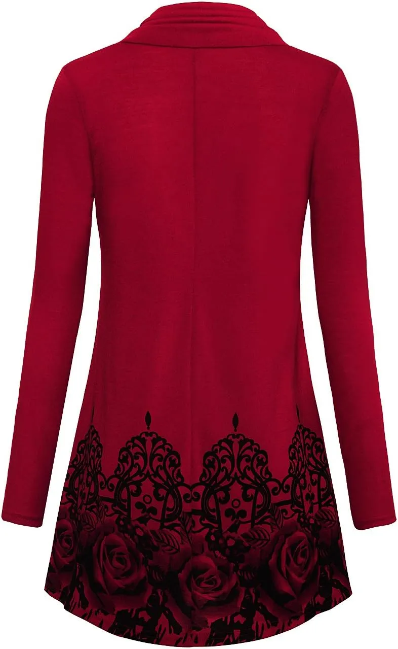 Gaharu Women's Long Sleeve Button Cowl Neck Floral Printed Casual Tunic Tops