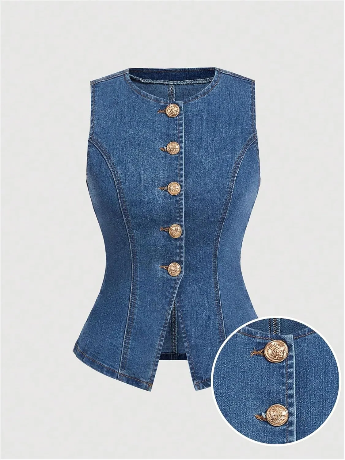 GORGLITTER Women's Button Down Denim Vest Sleeveless Crew Neck Tank Tops Fashion Dressy