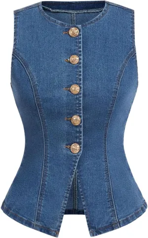 GORGLITTER Women's Button Down Denim Vest Sleeveless Crew Neck Tank Tops Fashion Dressy