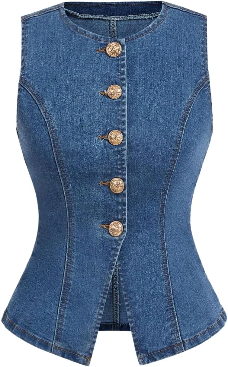 GORGLITTER Women's Button Down Denim Vest Sleeveless Crew Neck Tank Tops Fashion Dressy