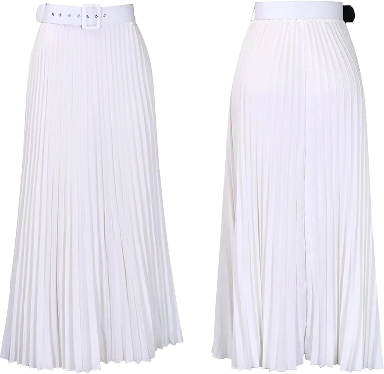GORIFE Women's Pleated Skirt Solid Elastic Waist A-Line Swing Maxi Length Skirt with Belt