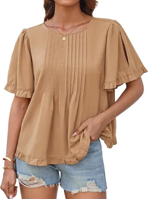 GRACE KARIN Women's 2025 Summer Babydoll Tops Casual Crewneck Ruffle Sleeve Shirts Loose Fit Pleated Blouse Outfits