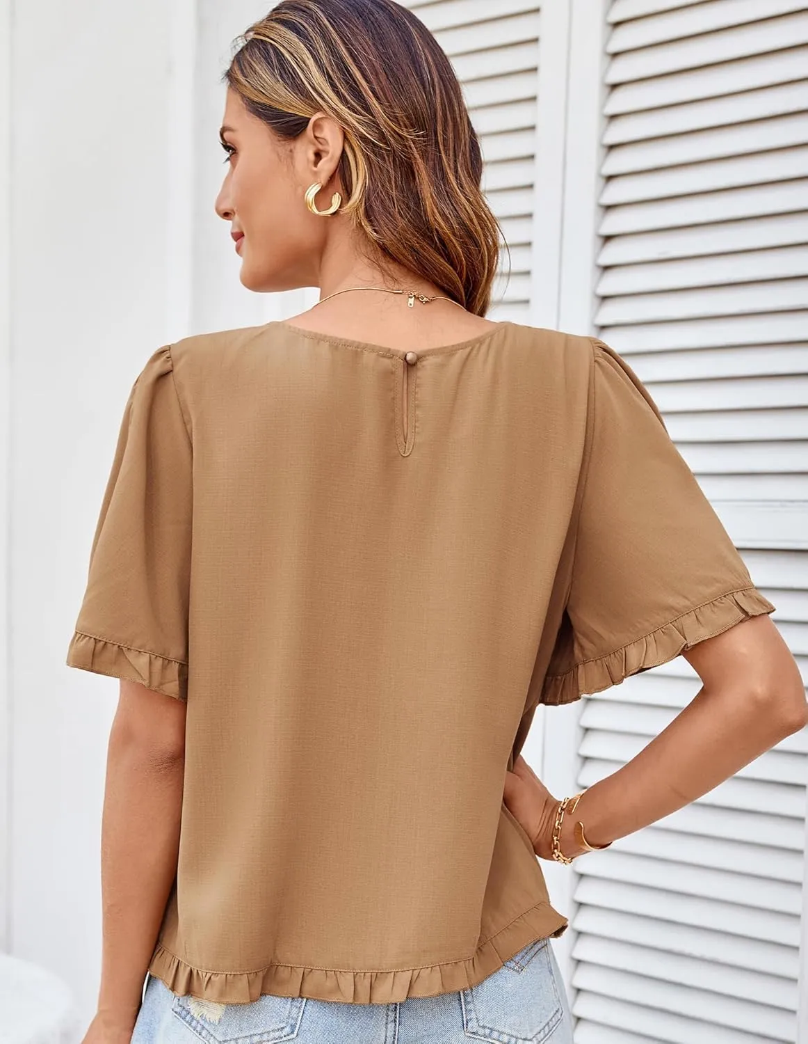 GRACE KARIN Women's 2025 Summer Babydoll Tops Casual Crewneck Ruffle Sleeve Shirts Loose Fit Pleated Blouse Outfits