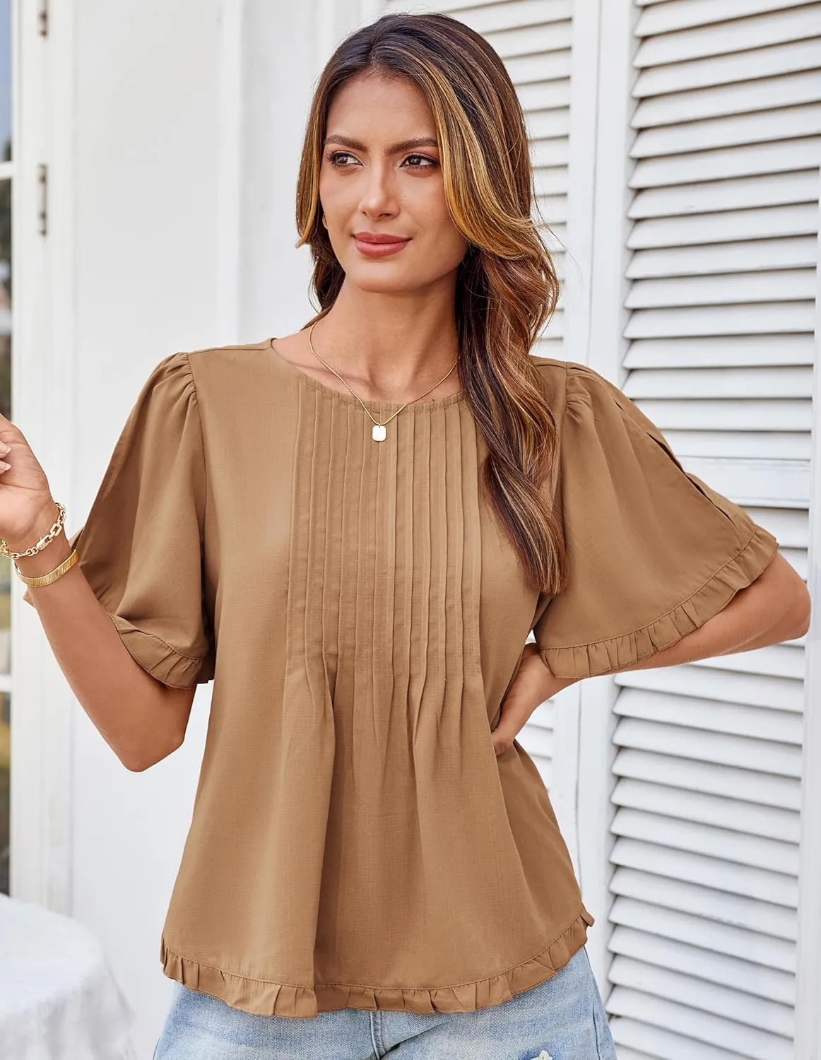 GRACE KARIN Women's 2025 Summer Babydoll Tops Casual Crewneck Ruffle Sleeve Shirts Loose Fit Pleated Blouse Outfits