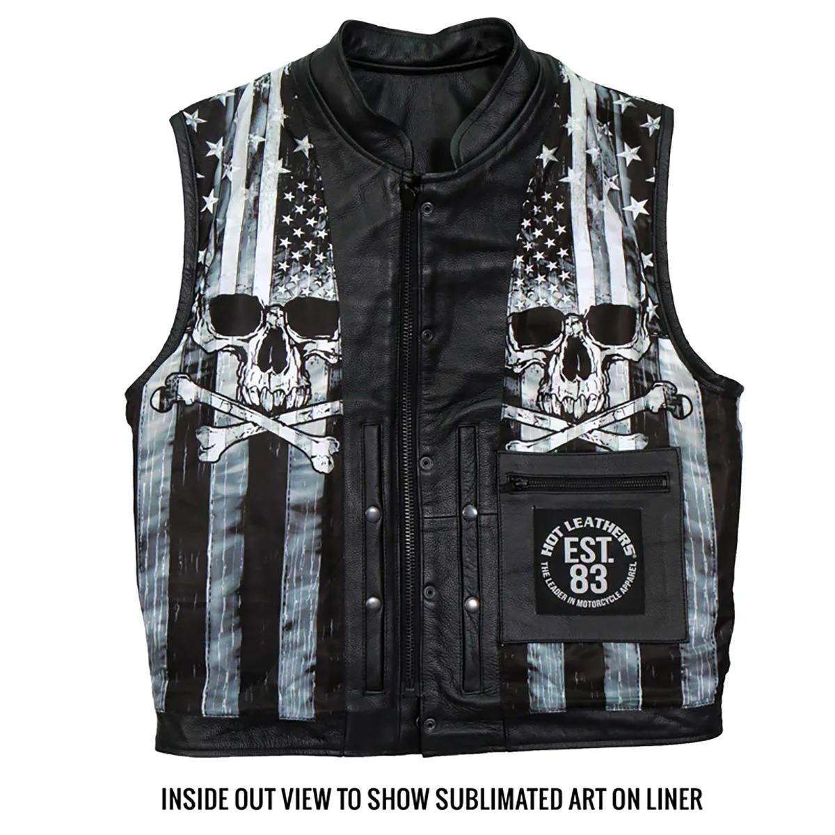 Hot Leathers VSM1054 Mens Black 'Skull Flag' Conceal and Carry Leather Vest