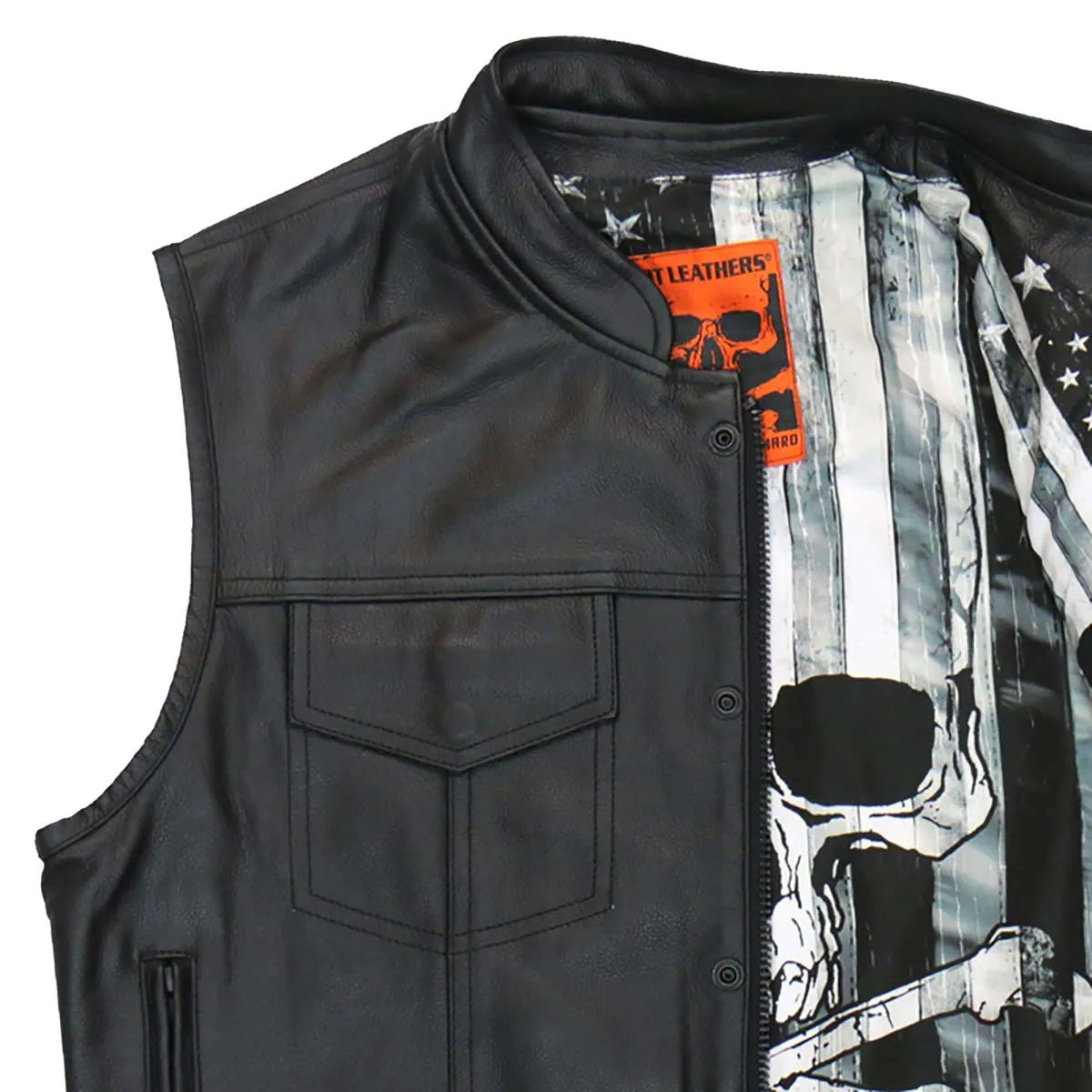 Hot Leathers VSM1054 Mens Black 'Skull Flag' Conceal and Carry Leather Vest
