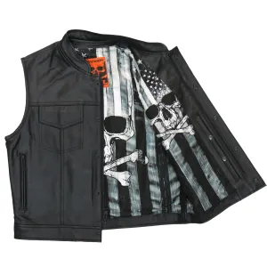 Hot Leathers VSM1054 Mens Black 'Skull Flag' Conceal and Carry Leather Vest