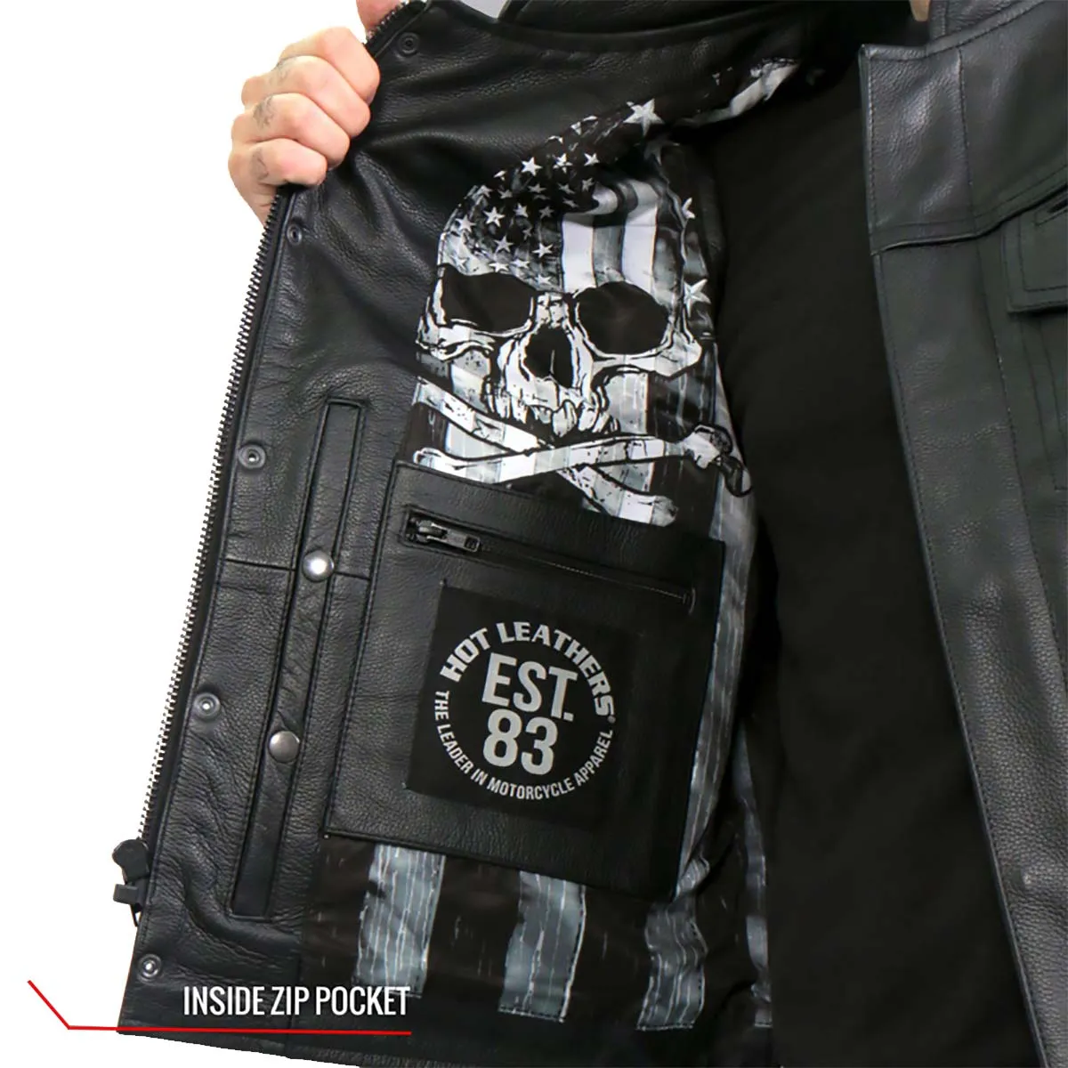 Hot Leathers VSM1054 Mens Black 'Skull Flag' Conceal and Carry Leather Vest