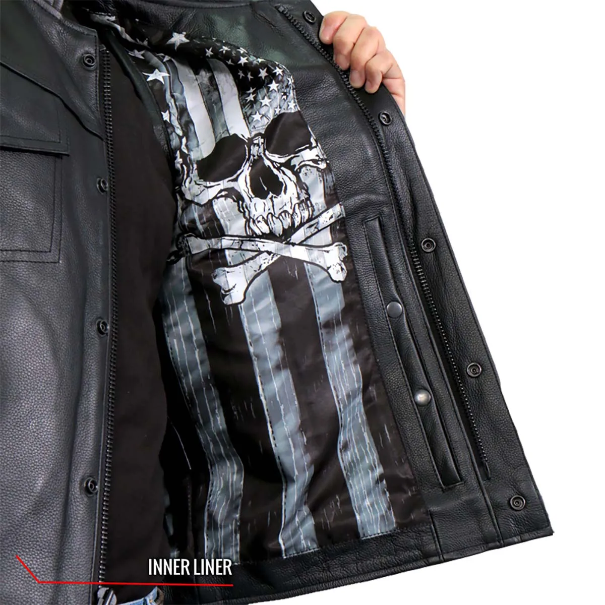 Hot Leathers VSM1054 Mens Black 'Skull Flag' Conceal and Carry Leather Vest