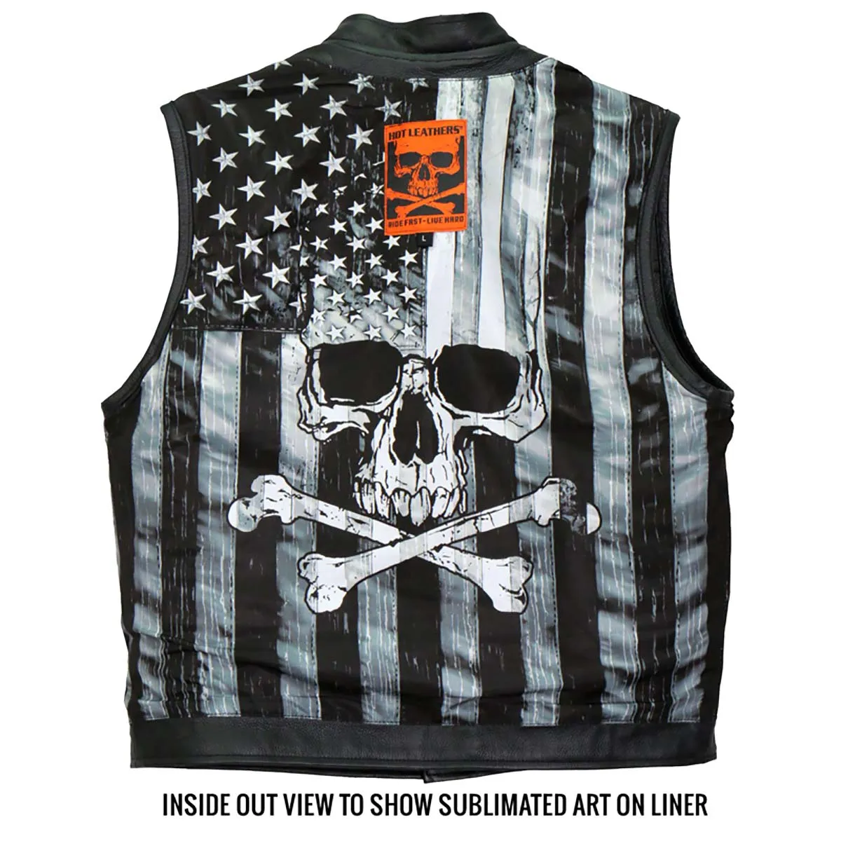 Hot Leathers VSM1054 Mens Black 'Skull Flag' Conceal and Carry Leather Vest