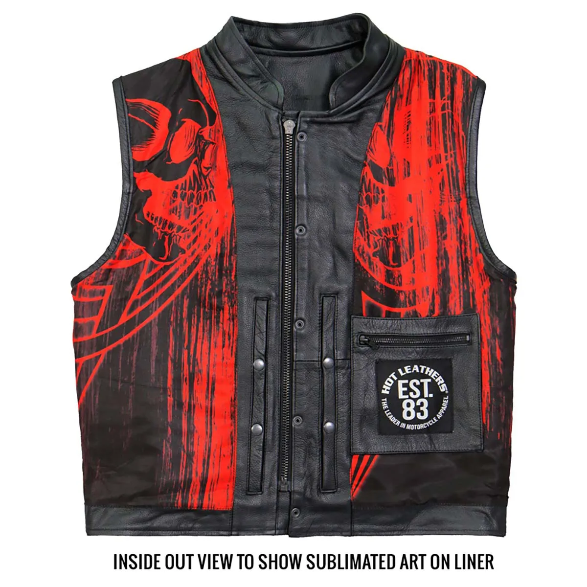 Hot Leathers VSM1055 Mens Black 'Over The Top Skull' Conceal and Carry Leather Vest