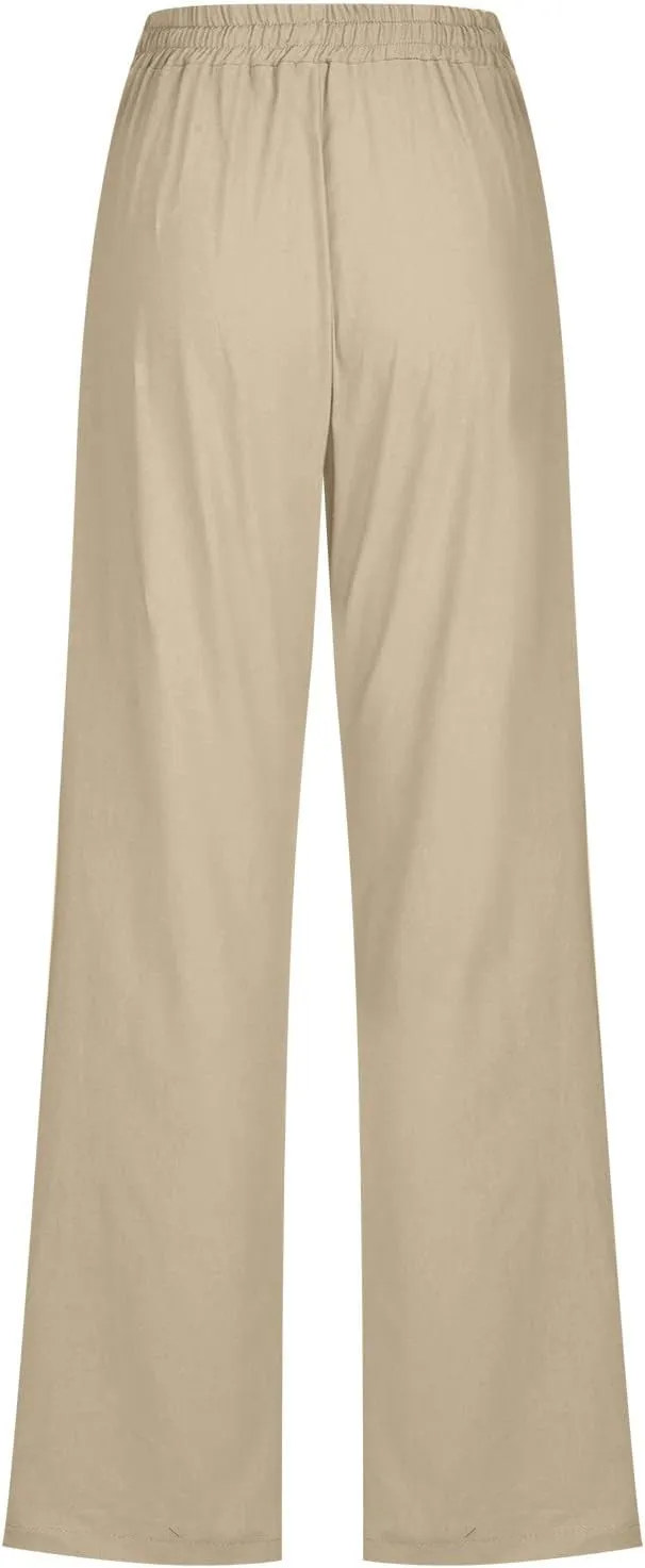 Hvyesh Women Cotton Linen Pants 2025 Summer Wide Leg Drawstring Elastic High Waisted Lounge Pants Casual Beach Trousers