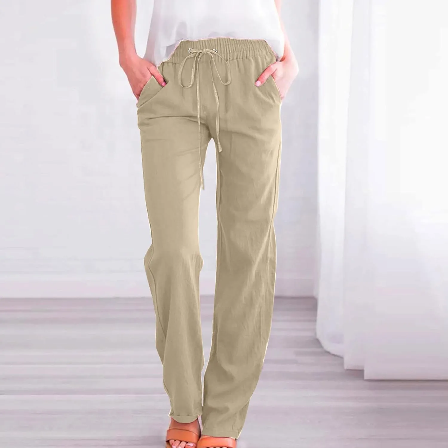 Hvyesh Women Cotton Linen Pants 2025 Summer Wide Leg Drawstring Elastic High Waisted Lounge Pants Casual Beach Trousers