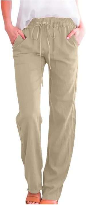 Hvyesh Women Cotton Linen Pants 2025 Summer Wide Leg Drawstring Elastic High Waisted Lounge Pants Casual Beach Trousers