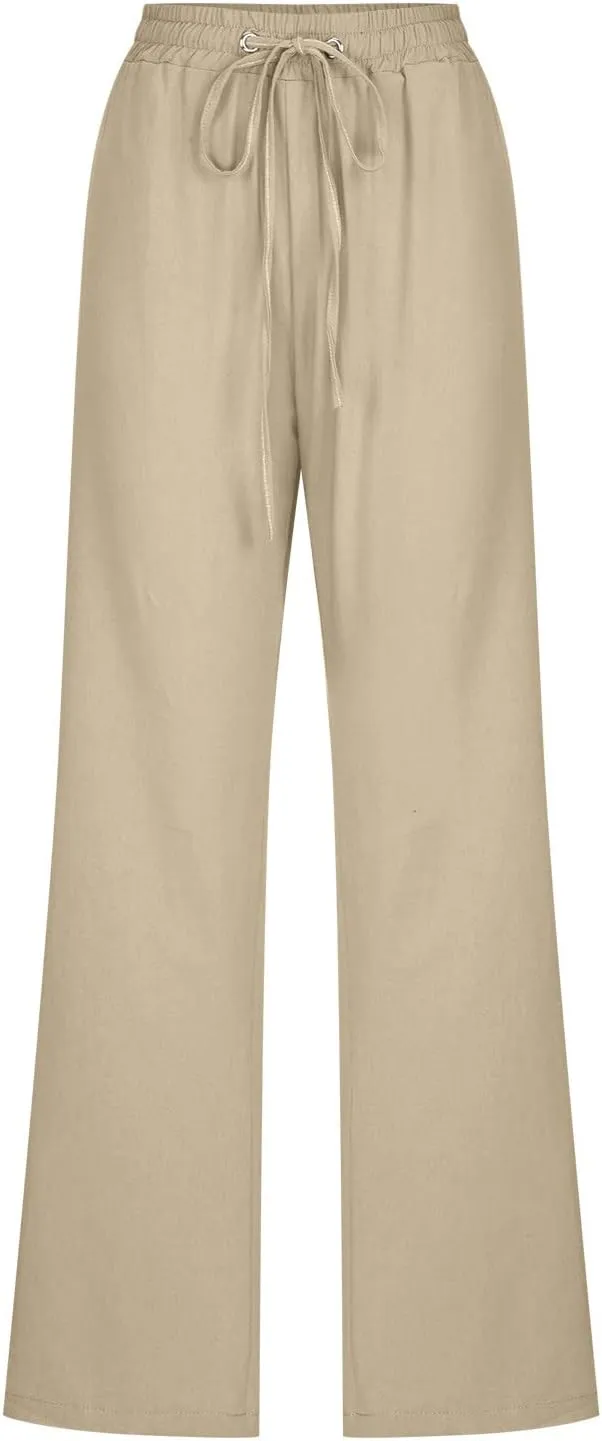Hvyesh Women Cotton Linen Pants 2025 Summer Wide Leg Drawstring Elastic High Waisted Lounge Pants Casual Beach Trousers