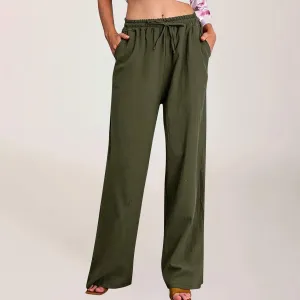 Hvyesh Women Cotton Linen Pants Summer Wide Leg Casual Loose Drawstring High Waist Palazzo Pants Trousers with Pockets