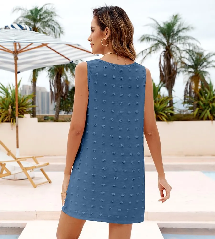 IHOT Women's Casual Summer Sun Dresses Swiss Polka Dot Beach Cover Up V Neck Sleeveless Tank Dress with Pockets