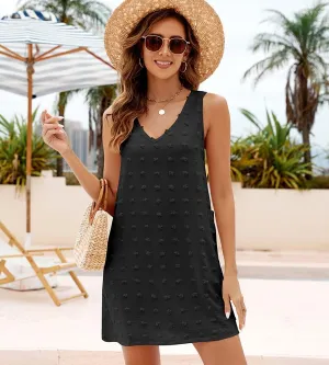 IHOT Women's Casual Summer Sun Dresses Swiss Polka Dot Beach Cover Up V Neck Sleeveless Tank Dress with Pockets