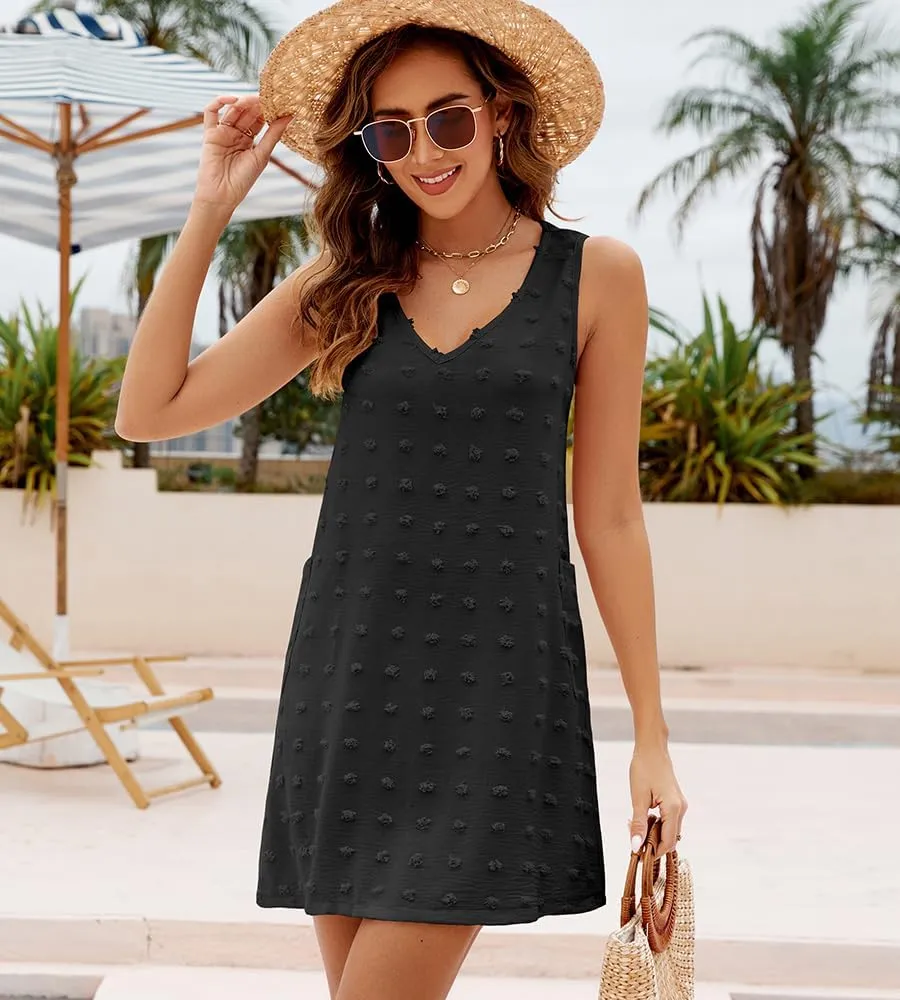 IHOT Women's Casual Summer Sun Dresses Swiss Polka Dot Beach Cover Up V Neck Sleeveless Tank Dress with Pockets